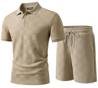 JMIERR Trainingsanzug Herren 2 Teiler Sommer Outfit Set | Casual Textured Jogginganzug,Atmungsaktiv,Poloshirt mit Shorts,Zweiteiler Herren Kurz,Streetwear Tracksuit Sets