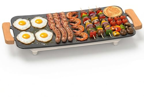 WOOX 1380W Plancha de Asar Eléctrica – Superficie 51x30 cm, Antiadherente, Comidas Familiares, Tortitas y Carne, Calentamiento Rápido, Sin PFAS, Asas de Roble, Fácil de Limpiar