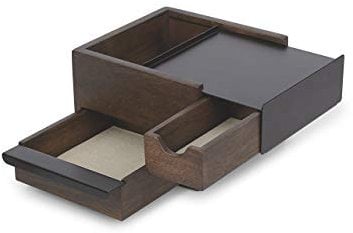 Umbra Stowit Mini Design Schmuckkasten – moderne Schmuck Box mit Geheimfächern für Ringe, Armbänder, Uhren, Halsketten, Ohrringe und Accessoires, Holz / Metall, Schwarz / Walnuβ, Klein