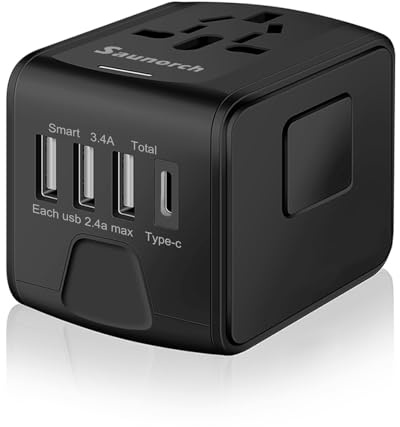 SAUNORCH Universal International Travel Power Adapter W/High Speed 2.4A USB, 3.0A Type-C Wall Charger, European Adapter, Worldwide AC Outlet Plugs Adapters for Europe, UK, US, AU, Asia-Black