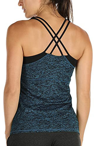 icyzone Damen 2 in 1 Sport Yoga Tops mit BH - Gym Shirts Fitness Trainings Tank Top (S, Dunkelblau)