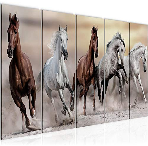 Runa Art Wandbild XXL Pferde Wohnzimmer Schlafzimmer 200 x 80 cm Braun 5 Teilig - Made in Germany - 014155a