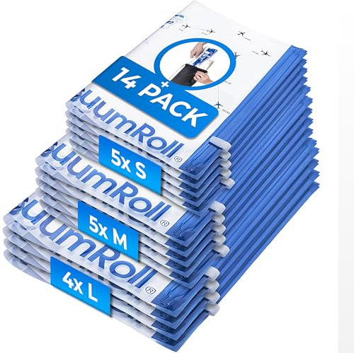 myHodo Vakuumierbeutel zum Rollen (14+1 Stück) 3 Größen (70x50 60x40 50x35cm) für Reisen, Reise Organizer für Rucksack, Koffer, Backpacking, Vakuumbeutel für Kleidung, Vakuum Kompressionsbeutel