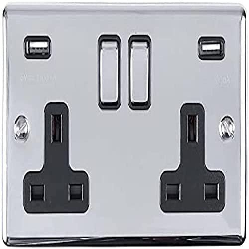 Eurolite Enhance Decorative 2 Gang USB Socket Polished Chrome Finish with Black Trim, Polished Chrome - Black Trim