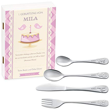 Maverton Kinderbesteck Set mit Gravur + Holzbox mit Aufdruck - mit Tieren - aus Edelstahl - Weiß - Geschenk für Mädchen zum Geburtstag zur Taufe Geburt - Geburtstagstorte