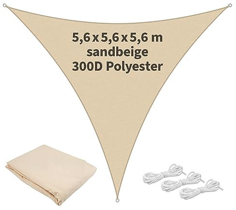 TTL Garden 5,6x5,6x5,6m Sonnensegel Dreieck gleichseitig Sand-beige - Premium Polyester 300D 160g/m² 93% Abschattung - Sonnenschutz & Wetterschutz für Garten, Balkon & Terrasse, mit 3X Schnur 1,5m