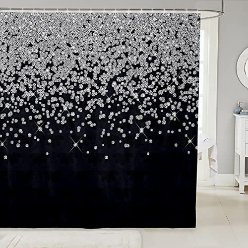 Loussiesd Silber Glitzer Duschvorhang 180x180cm (kein Glitzer) Bling Party Deko Schwarz Badezimmer Stoff für Kinder Jugendliche Diamant Blumen Duschvorhang Textil wasserdichte Vorhänge