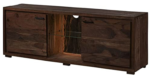 MASSIVMOEBEL24.DE | BARK by WOLFMÖBEL - TV-Board aus Massivholz #211 inkl. LED Beleuchtung | Akazienholz - Dunkelbraun, lackiert | 175 x 40 x 63 cm | 4 Ablagefächer | echte Baumrinde