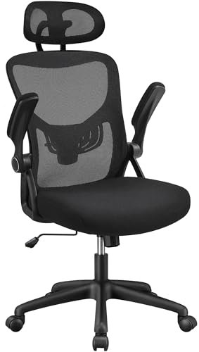 Yaheetech Ergonomic Mesh Office Computer Chair with 90° Flip up Armrests, Adjustable Headrest/Lumbar Support, Swivel Chair with Wheels for Home Work Study Black