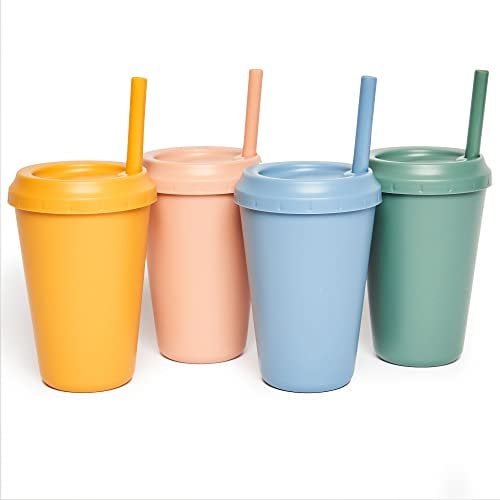 Neon Kactus Straw Cups | 4 Pack Tumbler with Straw and Lid | Spill Proof Toddler Cup | Lightweight & Reusable Smoothie Cups | Sippy Colourful Cups | BPA Free - 12oz