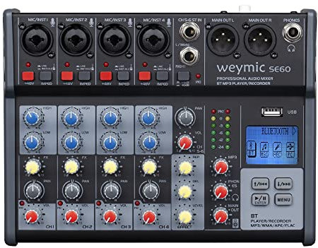 Weymic SE-60 Professional Mixer for Recording DJ Stage Karaoke w/USB Drive for Computer Recording Input, XLR Microphone Jack, 48V Power(6-Channel)