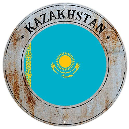 Bandera de Kazajstán, arte de pared, letrero de metal de Kazajstán, regalo de recuerdo de país, estilo francés, vintage, retro, letreros de metal, bandera nacional, letrero de bienvenida redondo,