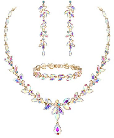 EVER FAITH Schmuckset Österreichisches Kristall Braut Schmuck-Set, elegante Marquise Strass Blatt Halskette mit baumelnden Ohrringen Tennis-Armband-Set (Schillernder klarer AB-Goldton)