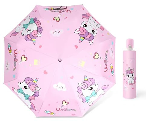 Hannstar Automatic Kids Umbrella, Folding Telescopic Toddler Umbrella for girls & boys, UV/Sun Protection - Strong and Portable - Compact, Durable, Lightweight Cute Kitty Brolly