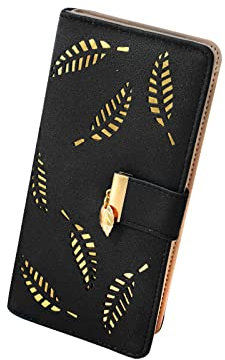 FuninCrea Porte - Monnaie Femme avec Feuille Creuse, Long Portefeuille en Cuir PU pour Femme avec Plusieurs Fentes pour Cartes, Double Portefeuille Pliant, Porte - Monnaie avec Fermeture (Noir)