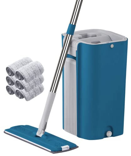 Mopa para Limpiar Azulejos y Paredes Mopa Fregona con Cubo Escurridor Mopas de Limpieza Suelos Hogar Mop Trapeadora Fregona Parquet Ventanas Autoescurrible Plana con 6 Almohadillas Microfibra