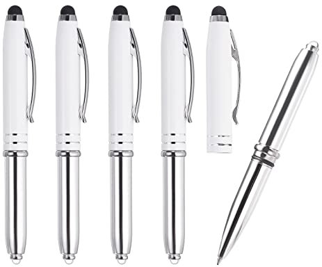 PATIKIL Ballpoint Pen with Stylus Tip and LED Flashlight, 5 Pack 3 in 1 Metal Pen Black Ink 1.0mm Medium Point Stylus Pen for Touch Screens, White