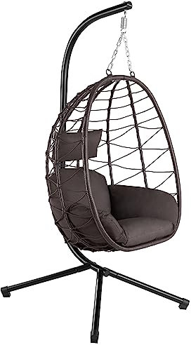 HinHocker Hängesessel mit Gestell | Braun | Hängeschaukel für Indoor und Outdoor | Inkl. Kissen und Auflagepolster | Balkon Hängesessel Outdoor, Gartenschaukel, Schaukelstuhl, Hängekorb