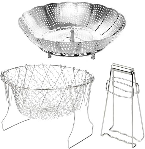 XFLYP Cesta para Freír, Bandeja de Goteo de Cesta de Frutas, Multiusos Cesta Vaporera Plegable de Acero Inoxidable para el Hogar Adecuado para Freír y Filtrar, Herramientas Cocina & rejilla+ clip