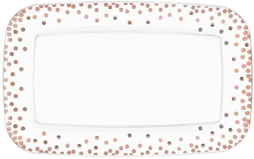 White Rectangular Plastic Serving Platters, Perfect for Parties Trays, 11 x 18, Rose Gold Dots