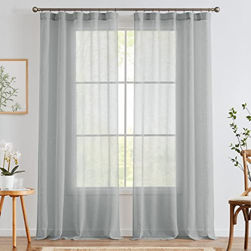 TOPICK Grau Leinen Gardinen 2er Set H 245 x B 140 (cm) mit Verdeckten Schlaufen Vorhänge für Wohnzimmer küche Schlafzimmer Fenster Voile Transparent Durchsichtig Sheer Vorhang Landhausstil Modern