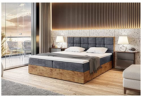 MEBLINI Boxspringbett mit Bettkasten - Gepolstert Doppelbett mit Matratze und Topper - Polsterbett mit Stauraum - Bett mit Kopfteil - Stauraumbett - Lofty 1-140x220 - H3/Dunkelgrau Samt