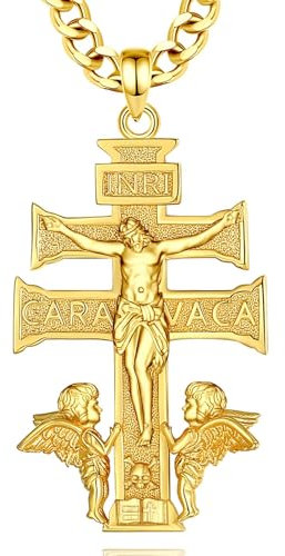 INFUSEU Collar Con Cruz De Caravaca, Plata De Ley 925 18K Oro Medalla Pagana Colgante Patrono Ángel Cristiano Creencia Joyería De Protección Española Amuleto Regalos para Hombre Mujer