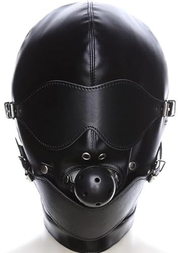 Maschera BDSM nera con bavaglio fetish bondage in pelle Maschera per il capo con ball gag SM per coppie uomini e donne in pelle a viso intero perfetta uomini e donne Maschera sessuale FOPS B23-7