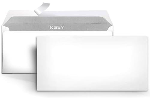 100 Briefumschläge ohne Fenster DIN Lang, 110mm x 220mm, 80g/m² Papier, weiße Briefumschläge mit grauem Innendruck für Sichtschutz, haftklebend mit abziehbarem Streifen…
