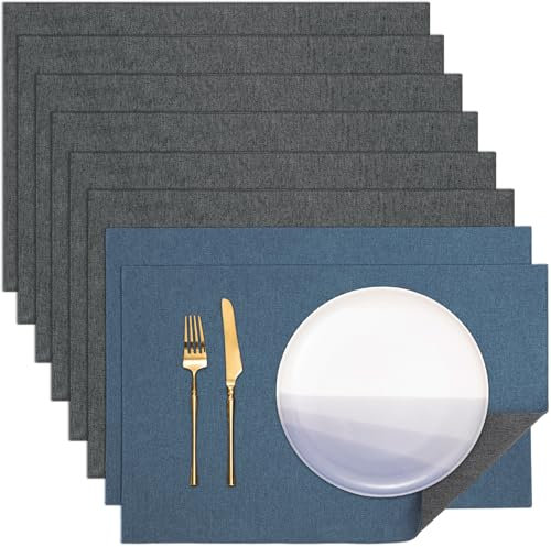 Banchif Platzsets Leinenimitat Tischsets Abwaschbar Tischsets Doppelseitigen Platzsets Stoff Platzdecken maschinenwaschbar 30 x 45 cm (Grau-Blau, Rechteckig Satz von 8)