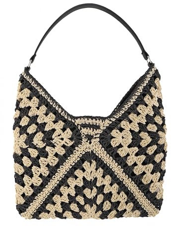 Straw Beach Shoulder Bag Summer Crochet Bags for Women Large Granny Square Handmade Tote Boho (Black)