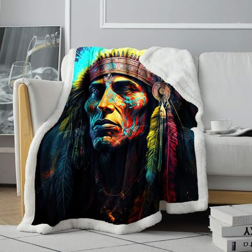 CHTLIFQ Bedruckte Überwurfdecke, Indianer, Sherpa Überwurf, Bettüberwurf, Micro Fleece Decke, Ganzjahres Überwurf, Decken, Kinderbettwäsche, 31,5 x 47,3 Zoll Sherpa (80 x 120 cm)