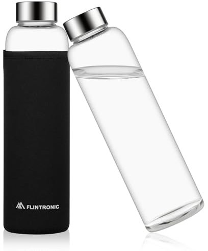 flintronic Glasflasche, 550ML Glass Bottle, Trinkflasche Glas Auslaufsicher, Wasserflasche Glas mit Schutzhülle, Leichte Borosilikat Glastrinkflasche für Kohlensäurehaltige Getränke | BPA-frei