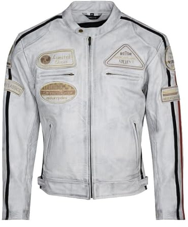 ASPIDEX Giacca da Moto Donna Pelle Scooter Cafe Racer da Donna Vintage (IT, Testo, M, Regular, Regular, Bianco)