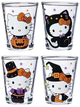 Silver Buffalo Hello Kitty - Juego de 4 vasos de 42.5 g con purpurina para disfraz de Halloween