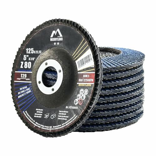Merryland Fächerscheibe 125 Metall Edelstahl Stahl für Winkelschleifer, 125mm 80K T29 Lamellenscheibe Zirkonkorund Blau Schleifmopteller 10 Stück, Craft-Line FC1108414-10