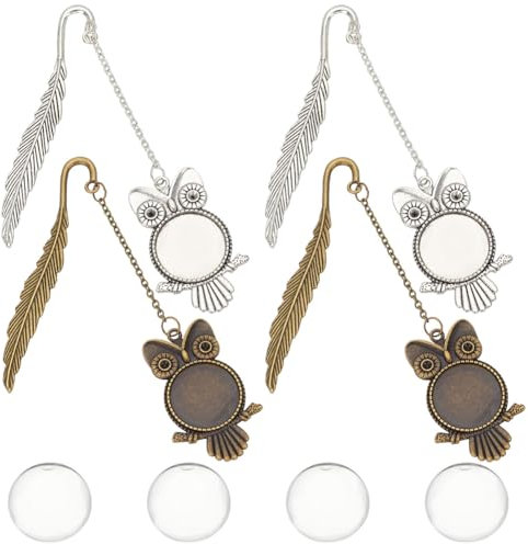 HOBBIESAY 4 Stück 2 Farben Feder Eule Lesezeichen Aus Metall Legierung Lesezeichen Mit Kette Vintage Lesezeichen Tibetischen Stil Lesezeichen Mit Cabochon Lünette Zum Selbermachen von Lesezeichen