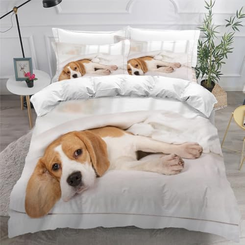 ARiXIaNg Kinder Bettwäsche Beagle 135x200 cm Erwachsene Bettbezüge 3teilig mit Reißverschluss und 2 Kissenbezüge Hund Tier Bettwaren Kuschelig Mikrofaser Bettwäsche-Set