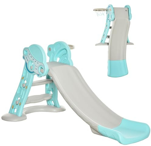 Toboggan pliant pour enfants HOMCOM pour 18 mois avec 3 marches et panier de basket, toboggan intérieur et extérieur, 140x87x75cm, bleu et gris