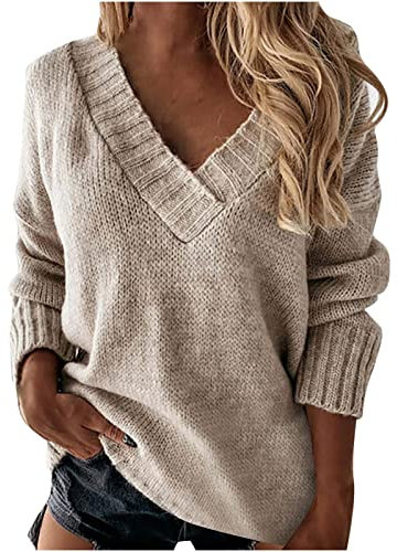 Ybing Jersey para mujer, monocolor, manga larga, informal, cuello de pico, sudadera delgada, corte regular, cómodo, camiseta larga, otoño, invierno, cálido, manga larga, top básico, caqui, S
