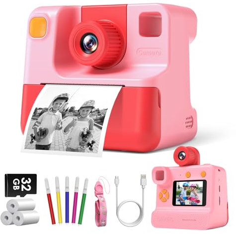 GREENKINDER Camara Fotos Infantil Instantanea,Camara Fotos Niños con Lente Giratoria de 180°,Incluye Tarjeta de Memoria de 32GB,Papel de Impresión y Bolígrafos de Colores,para Niños de 3 a 12 años