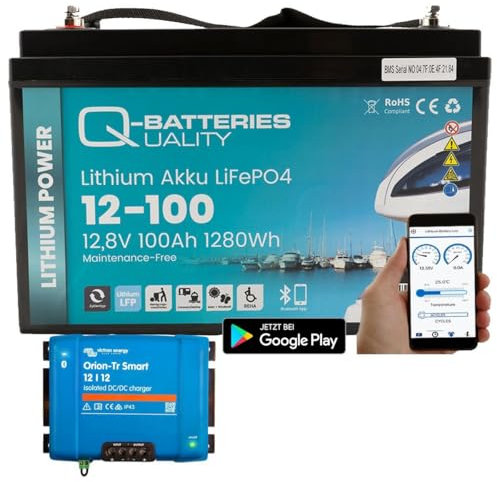 Q-Batteries Lithium Akku 12-100 12,8V 100Ah 1280Wh LiFePO4 Batterie mit Victron Orion Ladegerät