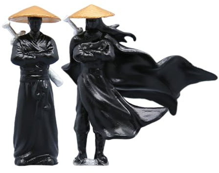 ibasenice Lot de 2 figurines ninja miniatures en résine - Statue de jardin zen japonais chinois - Petit samouraï - Modèle kimono pour décoration d'aquarium