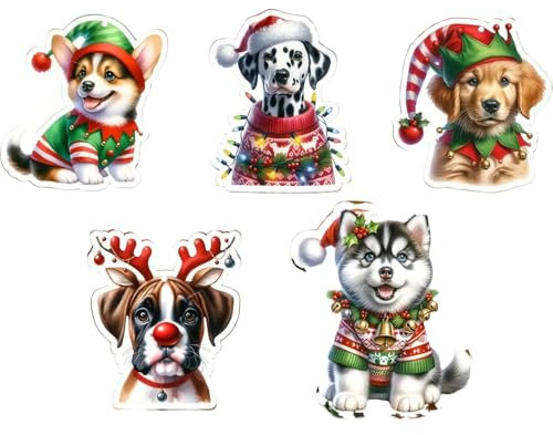 5Pcs Christmas Ornaments Hanging, Christmas Tree Decorations Acrylic 2D Plane Dog, Christmas Tree Hanging Decorations Acrylic Plastic Dog with Santa Hat, Christmas Decorations for Home,Car (brown dog)