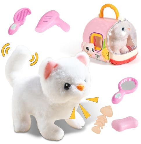Fouvin Katzen Spielzeug Kinder, Spielzeug Katzen der Läuft und Bellt, Kuscheltier Elektrischer Hundekäfig, Katzen Spiel Spielzeug ab 2 3 4 5 Jahre Geschenkideen (Katzen)
