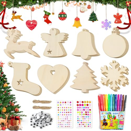 80 Pezzi Kit Ciondolo in Legno di Natale, Decorazioni Natalizie in Legno Fai da te, Addobbi Albero di Natale, Artigianato Natale per Bambini, per Pittura Fai-da-te, Decorazioni Natalizie
