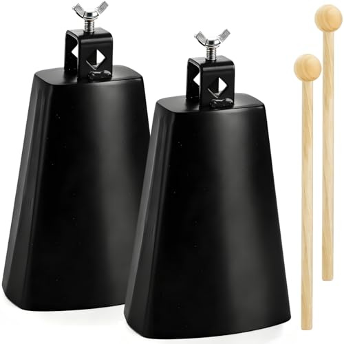 Acshio Kuhglocken aus Metall, Stahl, 17,8 cm, Kuhglocke, Geräuschmacher mit Griffstab, Hand-Percussion-Musik, Cowbell für Schlagzeug, Hochzeit, Fußball, Sport, Spiele, 2 Stück