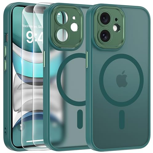 FLLAO Cover Magnetica per iPhone 11 Custodia e 2 Pellicole in Vetro Temperato, Cover iPhone 11 Compatibile con Magsafe, Traslucida Opaca Posteriore Sottile Antiurto Protettiva Case, Verde