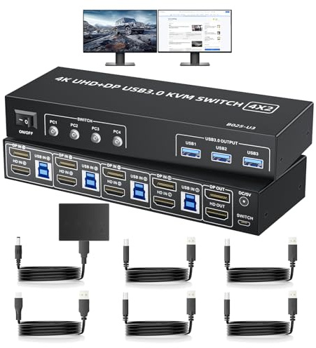 BolAAzuL USB 3.0 HDMI + DisplayPort KVM-Switch für 4 Computer teilen sich 2 Monitore, 4K, unterstützt erweiterten/Kopier-/Spleißmodus, mit 4 DP&HDMI-Port-Eingängen, 1 HDMI&DP-Ausgang, 3 USB 3.0-Ports