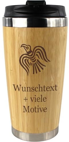 Wikinger Kaffeebecher mit Gravur - personalisiert mit Name, Spruch, Motiv, Runen Schrift möglich, To-Go Becher 0,4L im Viking Stil, Bambus und Edelstahl, Männer + Frauen Geschenk